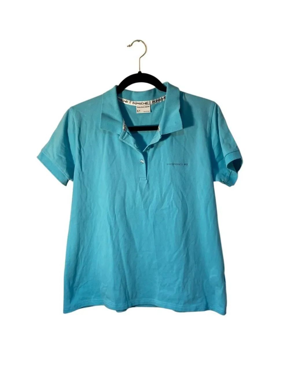 Porsche women’s blue short sleeve, drivers selection polo shirt L